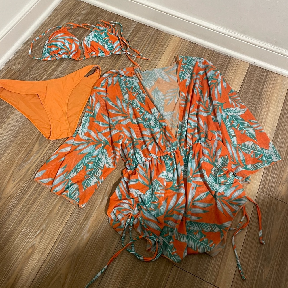 SHENHE Women's 3 Piece Swimsuit Leaf Print Drawstring Side Bikini Set with Cover